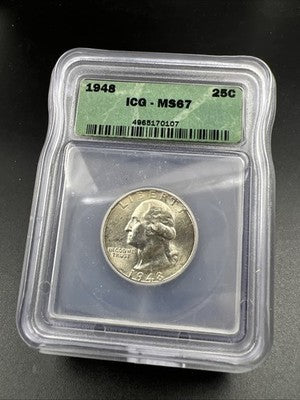 1948 P 25C Washington Quarter Silver Coin MS67 ICG #107 Some Toning