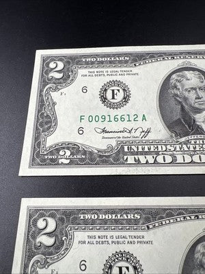 2 Consecutive 1976 $2 Bicentennial Federal Reserve Notes Postal Stamp Augusta GA