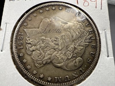 1891 P $1 Morgan Silver Dollar Coin VF Details "Lena" Carved