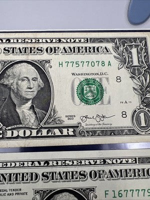 Lot of Two Lucky 7s $1 Dollar Bills 2013 VF 2017 A FRN Federal Reserve Note Circ