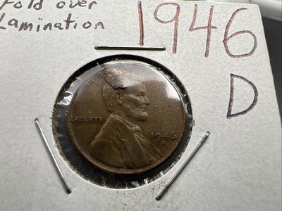1946 D 1c Lincoln Wheat Cent Coin Fold Over Lamination VF / XF Circ