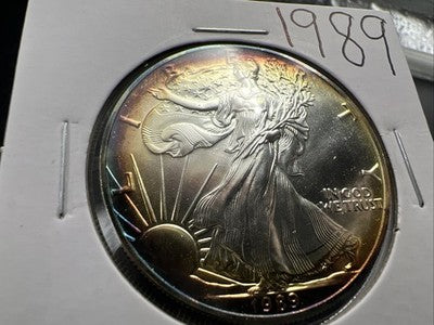1989 1 Oz ASE American Silver Eagle Coin Gem BU Neat Toning Toner Obverse #26b