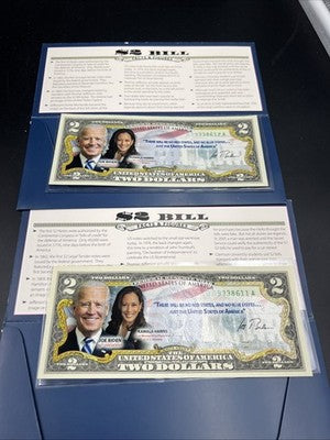 2 Consecutive 2017 $2 FRN Biden Harris Presidential Colorized UNC Two Dollars #1