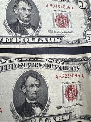Lot of 10 1963 $5 USN United States Red Seal Five Dollar Notes VG / Fine #115