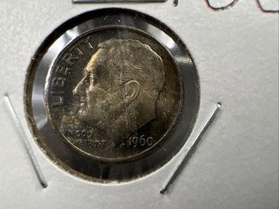 1960 P 10c Roosevelt Silver Dime Coin Neat Blue Toning Toner XF EF Extra Fine