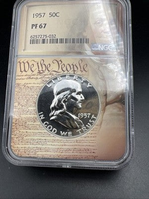 1957 Franklin Silver Half Dollar Coin PF67 NGC Independence Holder Gem Proof