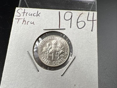 1964 P 10c Roosevelt Silver Dime Coin Major Struck Thru Error Reverse CH BU
