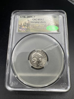 1776 - 2026 P 10c Emerging Liberty Dime Coin CAC MS62 Patriotic Holder