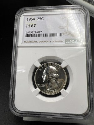 1954 P 25c Washington Silver Quarter Coin PF67 Gem Proof Certified #027 NGC