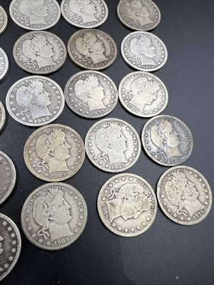 Barber Quarters 90% Silver Coin Quarter Roll $10 Face Value 40 Coins VG SKU#1A
