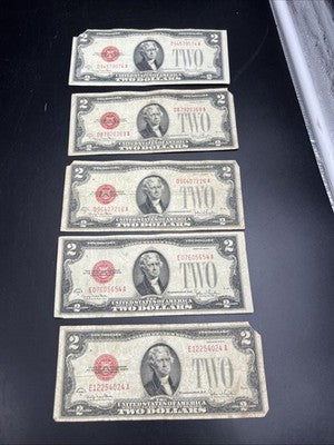 Lot of 5 1928 G $2 USN United States Note Red Seal Bills G / VG Circ #024