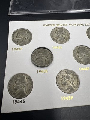 1942 1943 1944 1945 Complete 11 Coin US 35% Silver War Nickel Coin Set in Card J