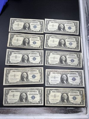 Lot of 10 1957 / 1935 $1 One Dollar Silver Certificate Blue Seal Notes VG + #892