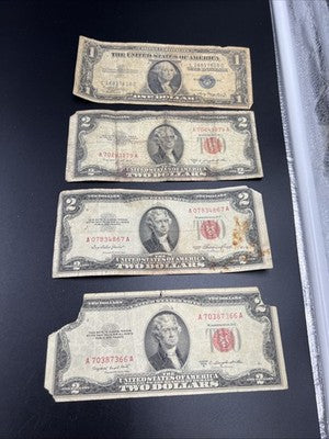 Very Circulated Note Lot 1957 $1 and 1953 $2 USN Red Seal Damaged Ugly #7