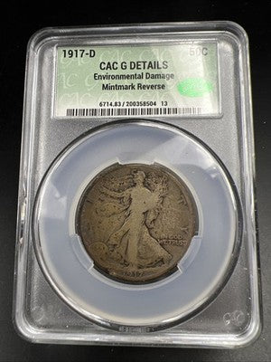 1917 D 50c Walking Liberty Silver Half Dollar Coin CAC G Details