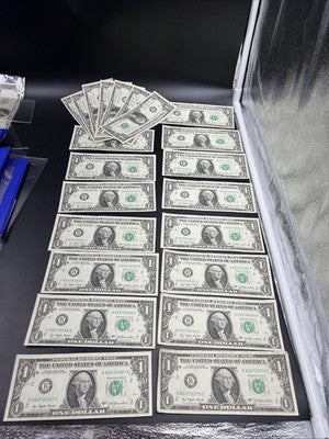 22 Consecutive 1977 $1 Minor Over Ink Error REV FRN Bills VF - UNC Conditions