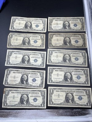 Lot of 10 VERY CIRC 1957 1935 $1 Dollar Silver Certificate Blue Seal Notes #96
