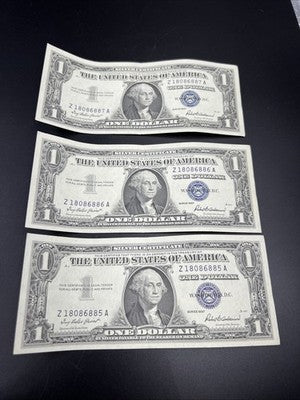 3 Consecutive 1957 $1 One Dollar US Silver Certificate Blue Seal Bills CH VF #85