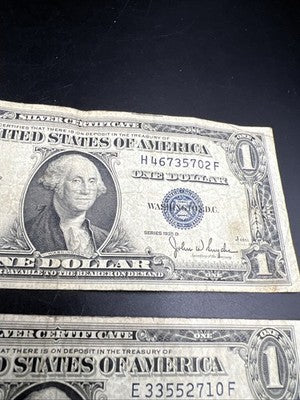 2 Note Lot 1935 D Wide & Narrow Margin US Silver Certificate Variety Set VG Circ