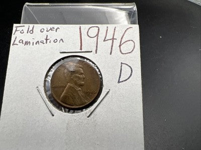 1946 D 1c Lincoln Wheat Cent Coin Fold Over Lamination VF / XF Circ