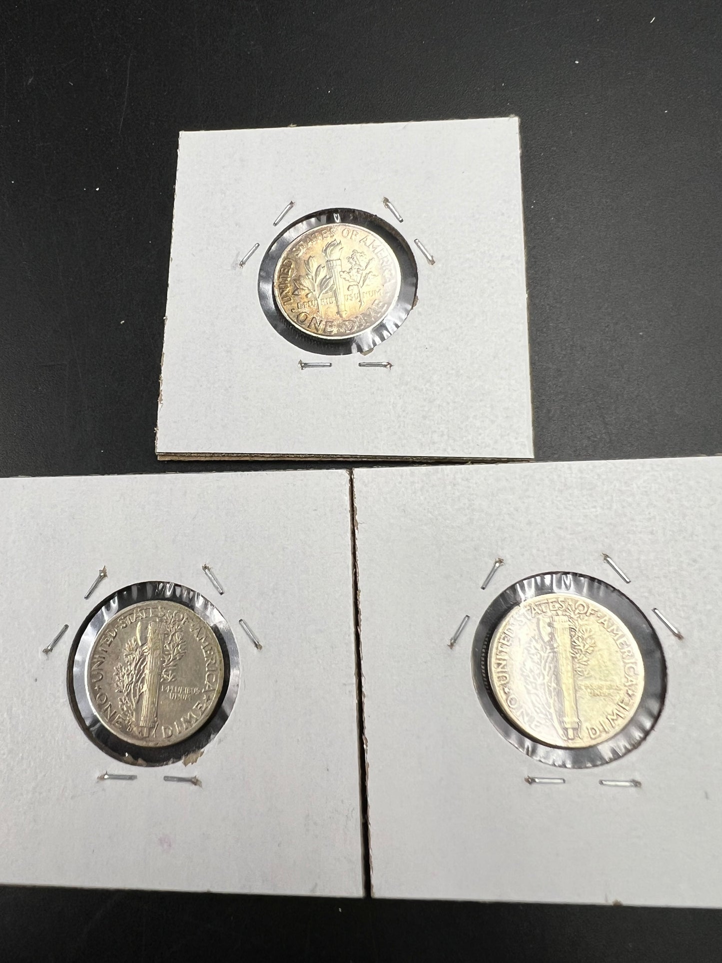 Silver Dime Toner Trio 1937 D & 1944 Mercury Circ Toner Dimes & 1964 Roosevelt Amber toner UNC