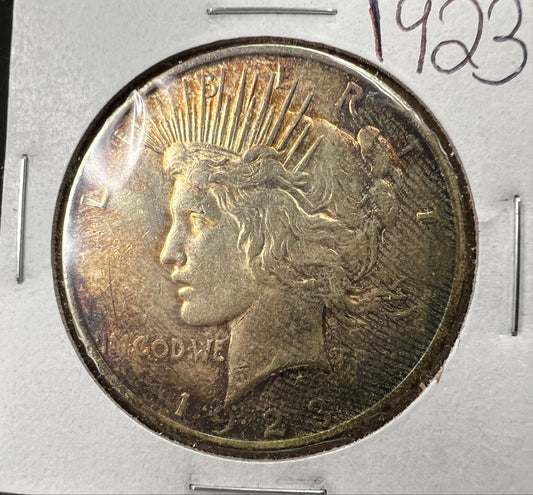 1923 $1 Peace 90% Silver Dollar Coin AU Nice Toning Toner Amber Obverse