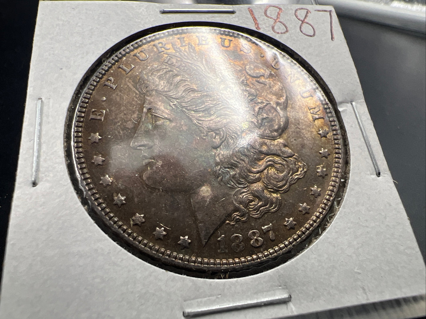 1887 P $1 Morgan Silver Dollar Coin AU About UNC Nice Amber Toning Toner Obverse