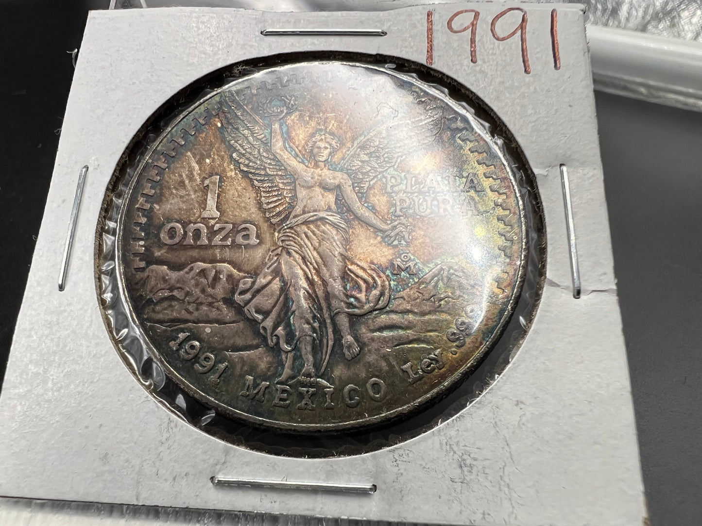 1991 1 Oz Silver Mexico Libertad Coin Type 1 Gem BU PQ Blue Toning Toner