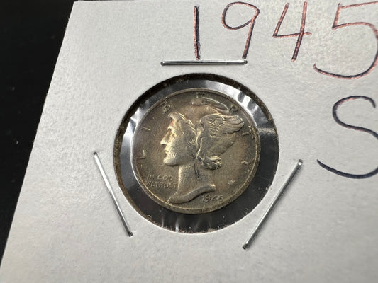 1945 S 10c Mercury Dime Coin XF / AU Neat Toning Toner #B