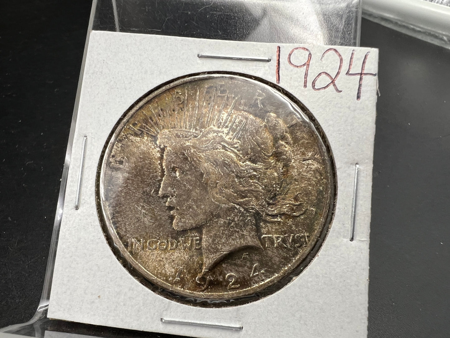 1924 $1 Peace 90% Silver Dollar Coin Choice AU Nice Toning Toner