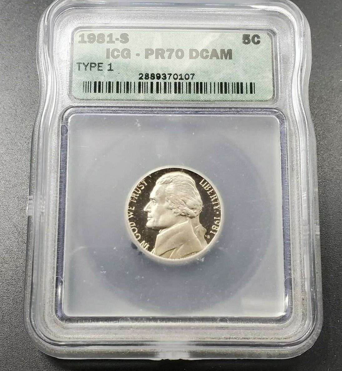 1981 Type 1 S Proof Jefferson Nickel Coin ICG PR70 DCAM Deep Cameo Variety