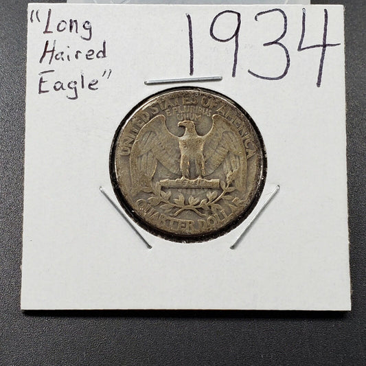 1934 25C Washington Quarter Silver Coin Circulated " Long haired eagle "
