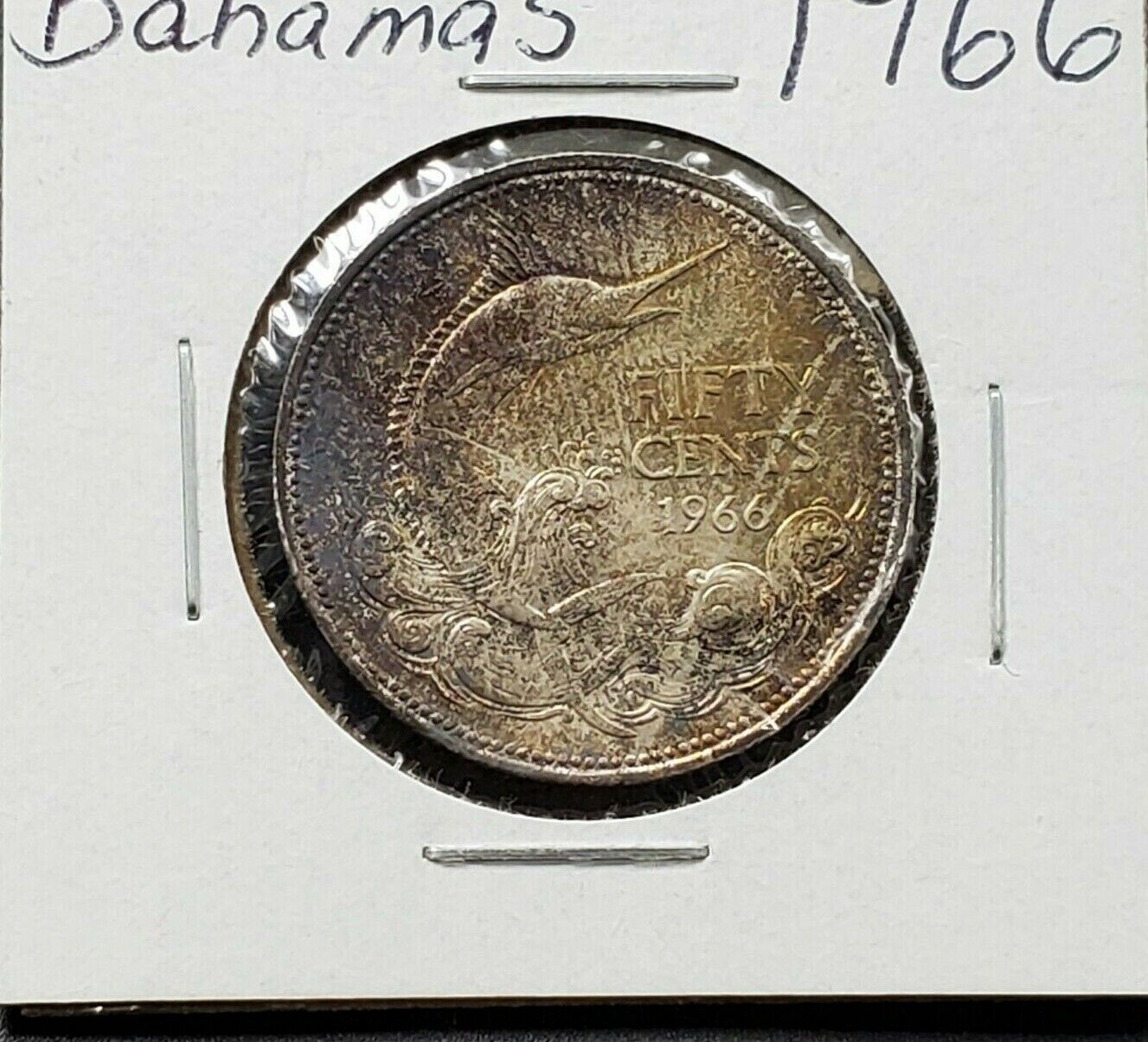 1966 BAHAMAS FIFTY 50 CENTS SILVER UNC GORGEOUS DEEP COLOR TONED CHOICE BU