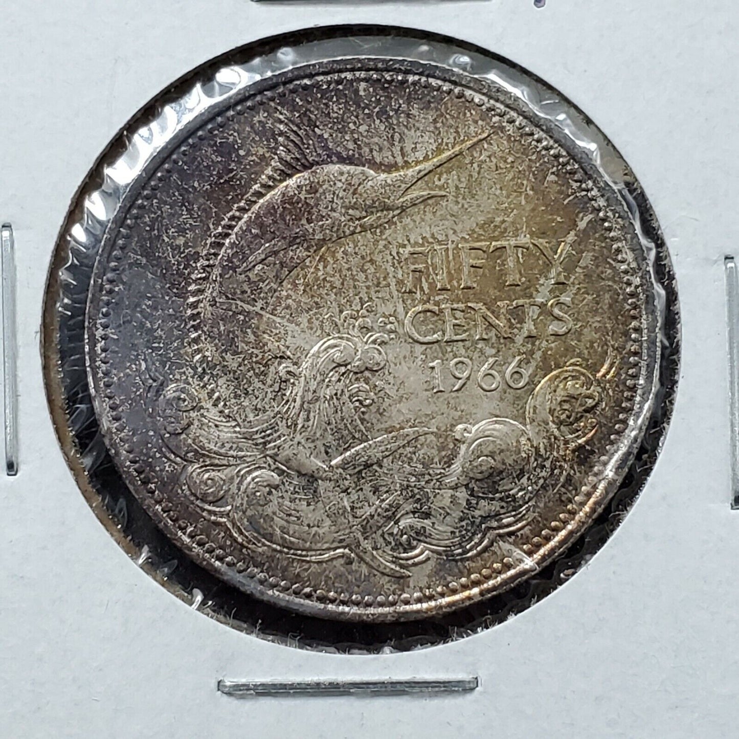1966 BAHAMAS FIFTY 50 CENTS SILVER UNC GORGEOUS DEEP COLOR TONED CHOICE BU