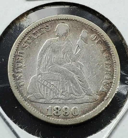 1890 P SEATED LIBERTY SILVER DIME COIN VF VERY FINE Details Shiny