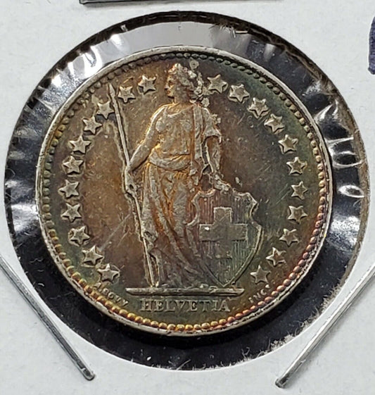 1950 B Switzerland 1/2 Half Franc XF EF Circulated PQ * Original Rainbow Toning