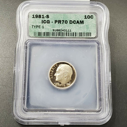 1981 S Roosevelt 10c Proof Clad Dime Coin Type 1 Variety ICG PR70 DCAM