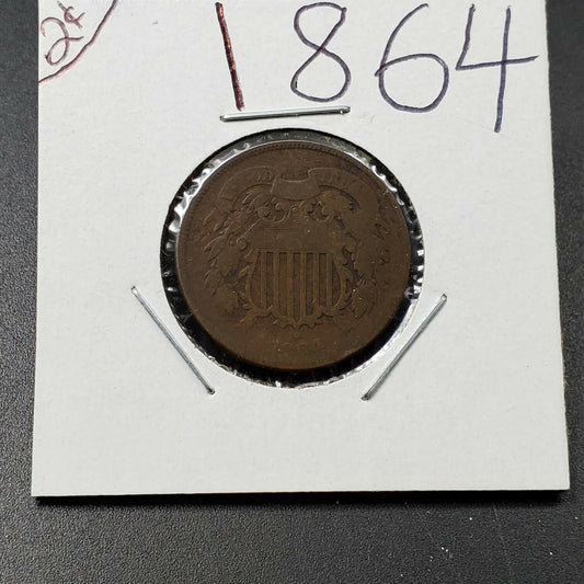 1864 LM 2C Two Cent Copper Coin Piece Circulated Condition Choice AG