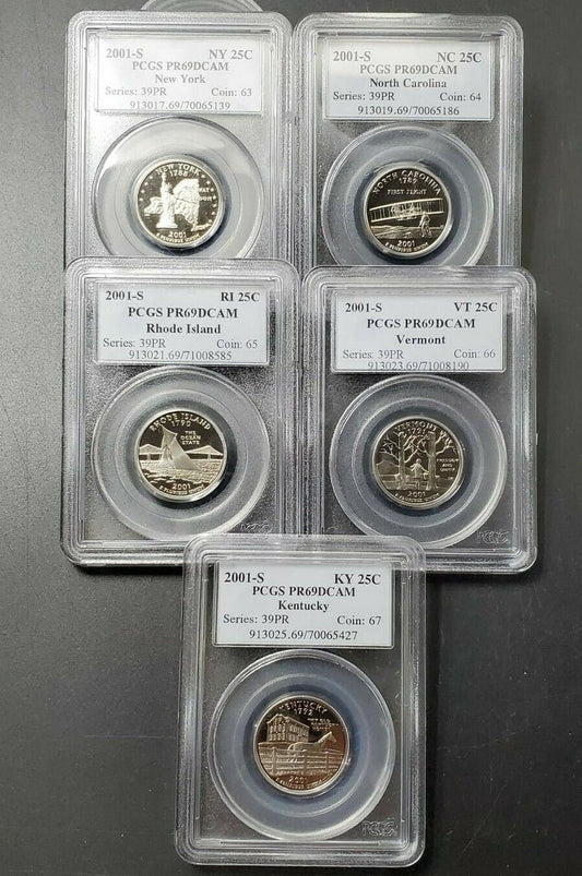 2001 S Complete 5 Coin CLAD Proof Quarter Set PCGS Graded PR69 DCAM