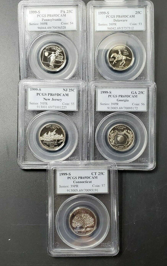 1999 S Complete 5 Coin CLAD Proof Quarter Set PCGS Graded PR69 DCAM