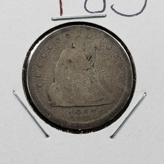 1857 P Seated Liberty Silver Quarter Coin AG / Good Decent Circulated