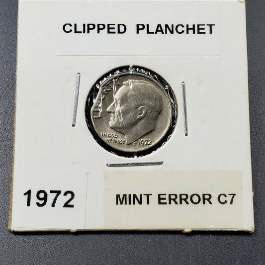 1972 Philadelphia Roosevelt clad Dime Clipped Planchet Error AU Circulated
