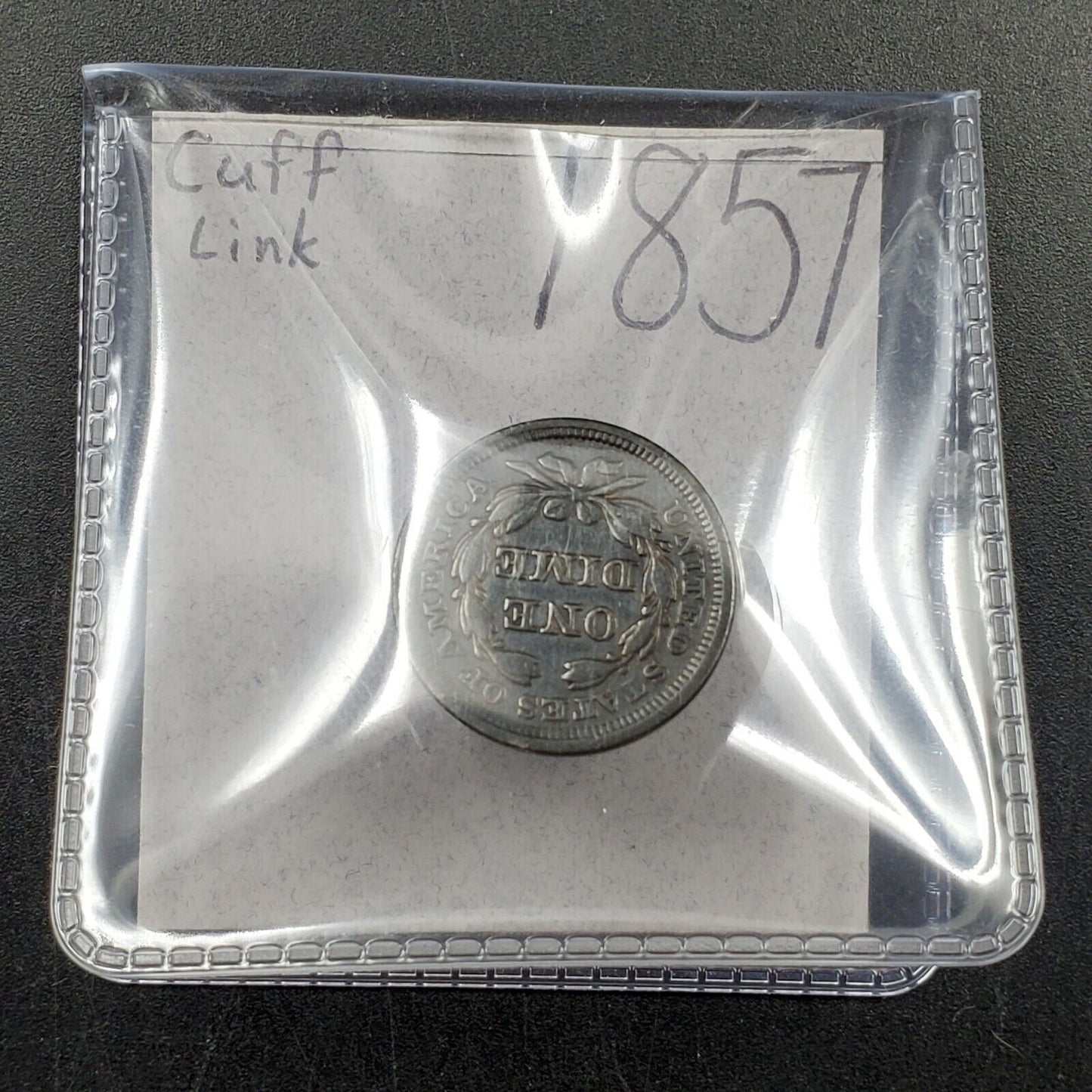 1857 Seated Liberty 10c Silver Dime Coin Turned into a Cuff Link
