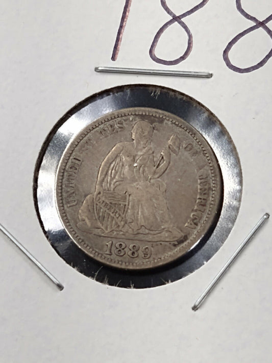 1889 P SEATED LIBERTY SILVER DIME COIN Fine / VF CIRCULATED