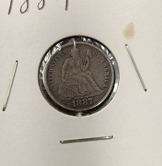 1887 P SEATED LIBERTY SILVER DIME COIN VG / Fine REV Struck by Rusty Die