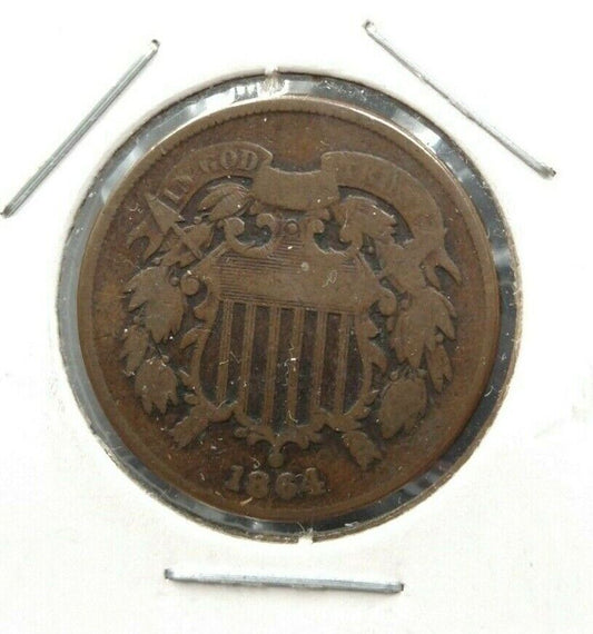1864 2C Two Cent Copper Coin Piece LM Large Motto Variety Good / VG Circulated