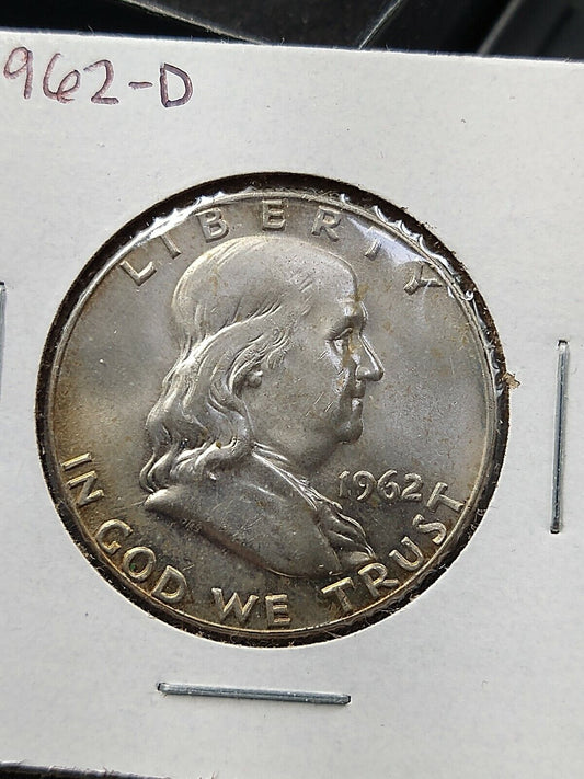 1962 D Franklin Silver 90% Half Dollar Coin AVG UNC Toned reverse