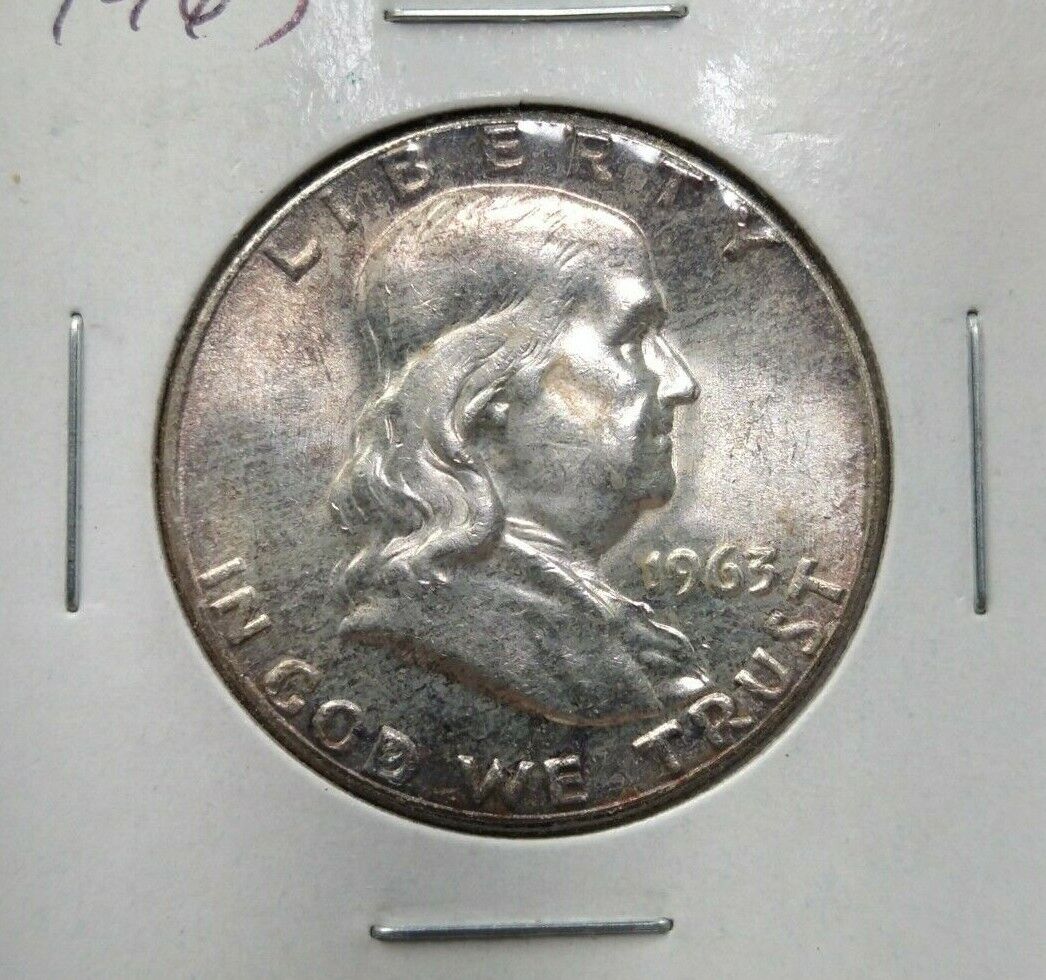 1963 P Franklin Silver 90% Half Dollar Coin CH BU UNC Neat Toning Toner