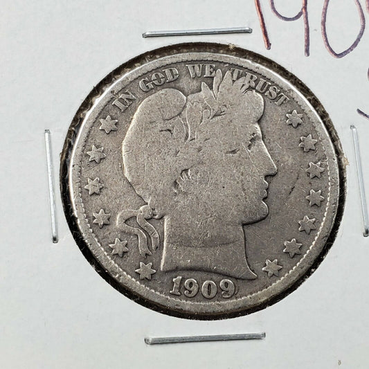 1909 S Barber Silver Eagle Half Dollar Coin Average Fine Circulated