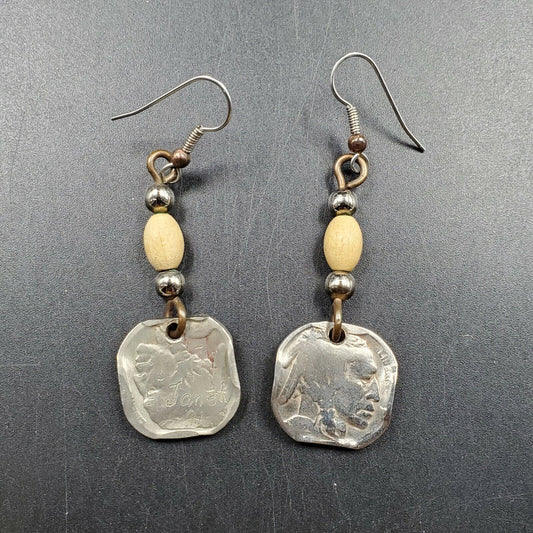 1 PAIR OF BUFFALO CLAD NICKEL EAR RING PENDANTS NATIVE STYLE